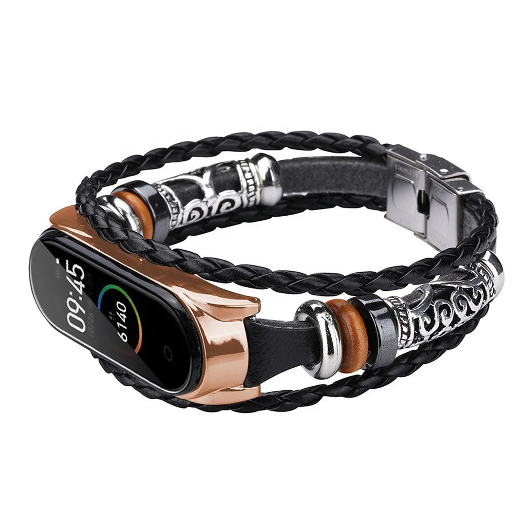 Retro Mi Band 5/6Strap Wrist Strap for Xiaomi Mi Band 56 Leather Strap Replacement Leather Beading Bracelet Strap Weave