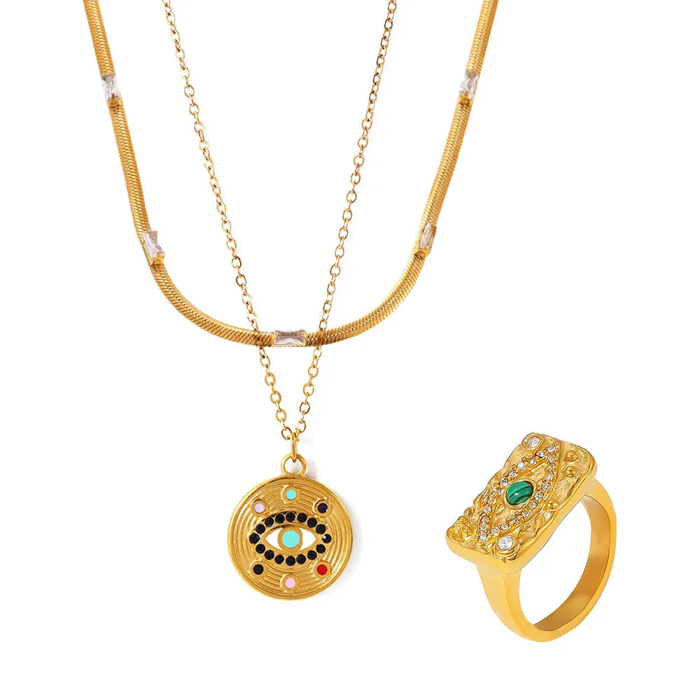Wholesale Stainless Steel 18k PVD Gold Plated Vintage Zircon Coin Devil's Eye Pendant Necklace Ring Fashion Jewelry Sets
