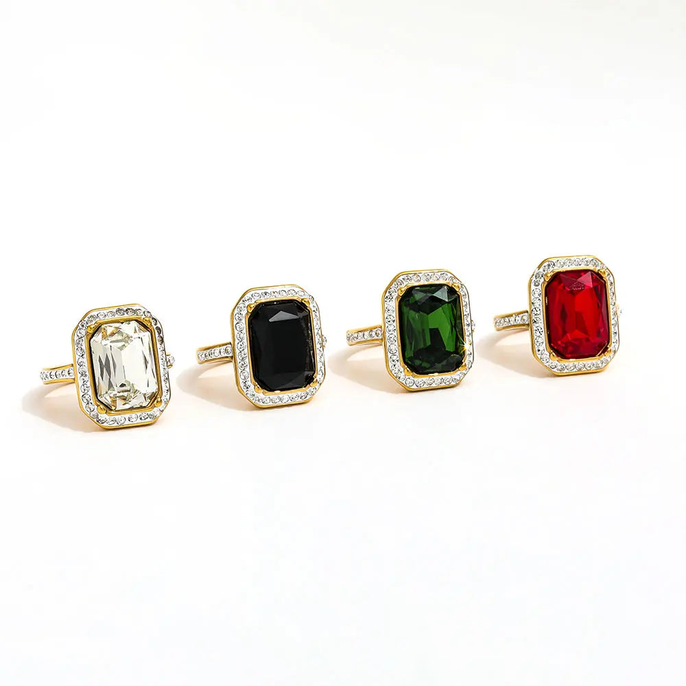 High End 18K Gold Plated Rectangle Clear Red Green Rectangle Zirconia Chunky Ring Stainless Steel Trendy Jewelry
