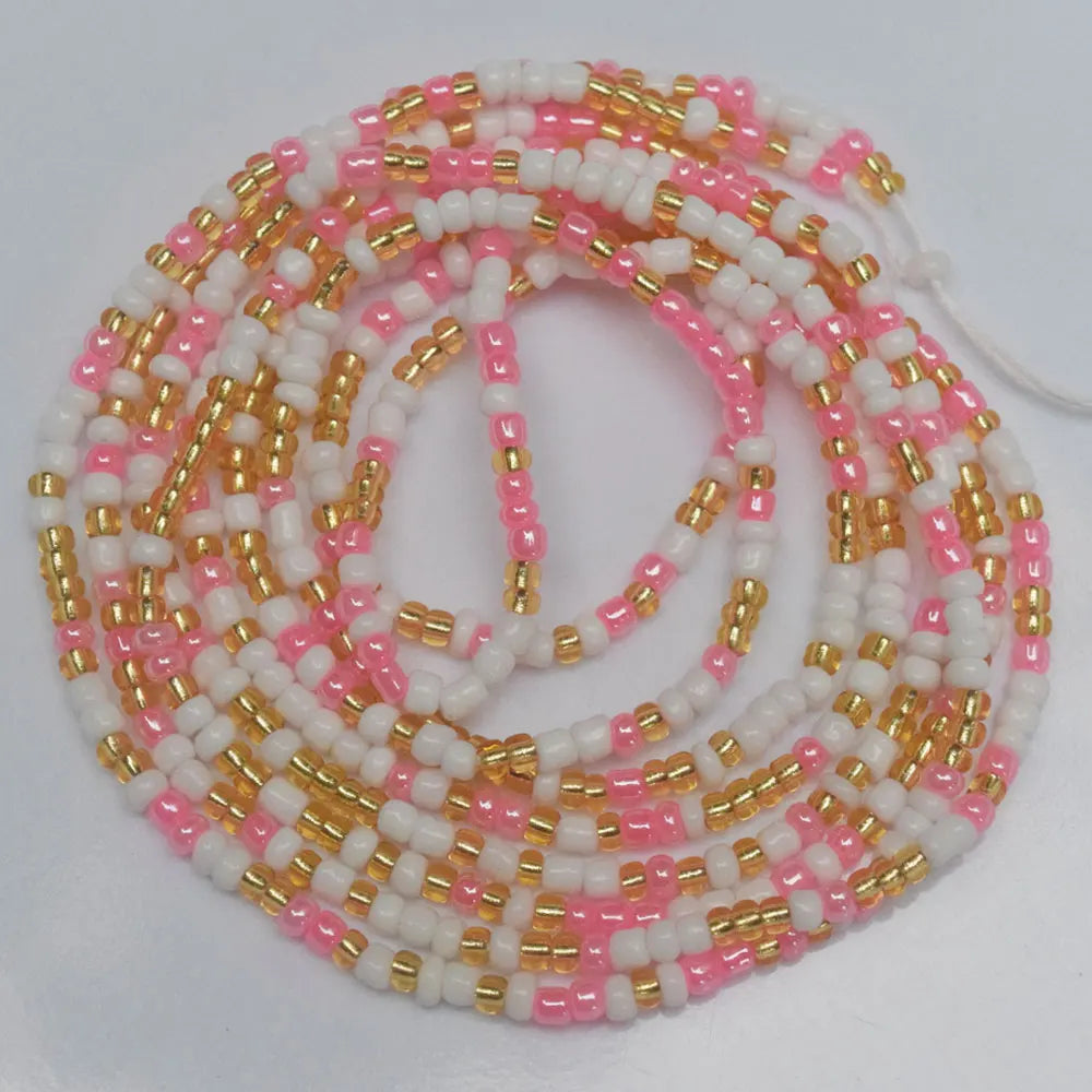 Premade pink White Gold Mix Fashion African Glass Seed Beads Tie on Waist Beads Belly Body Chain Double Cotton String for Ladies