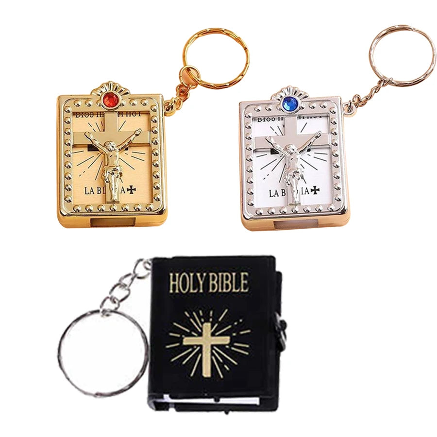 Fun Christian Religious English Book Key Chain Black White and Gold Color Holly Bible Keychain