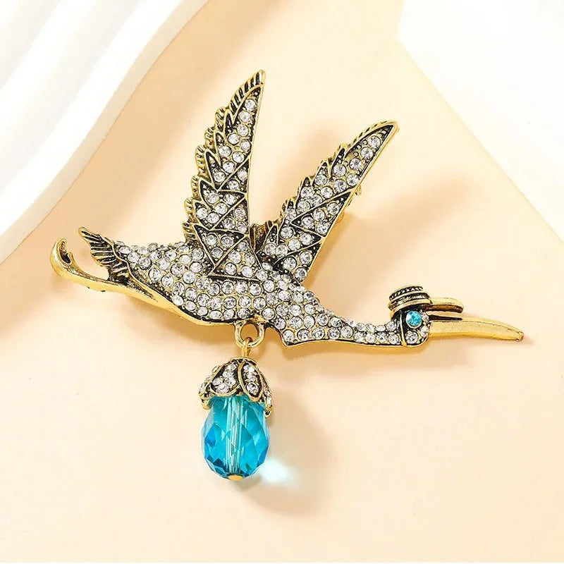 Vintage Crane Bird Crystal Brooch Corsage