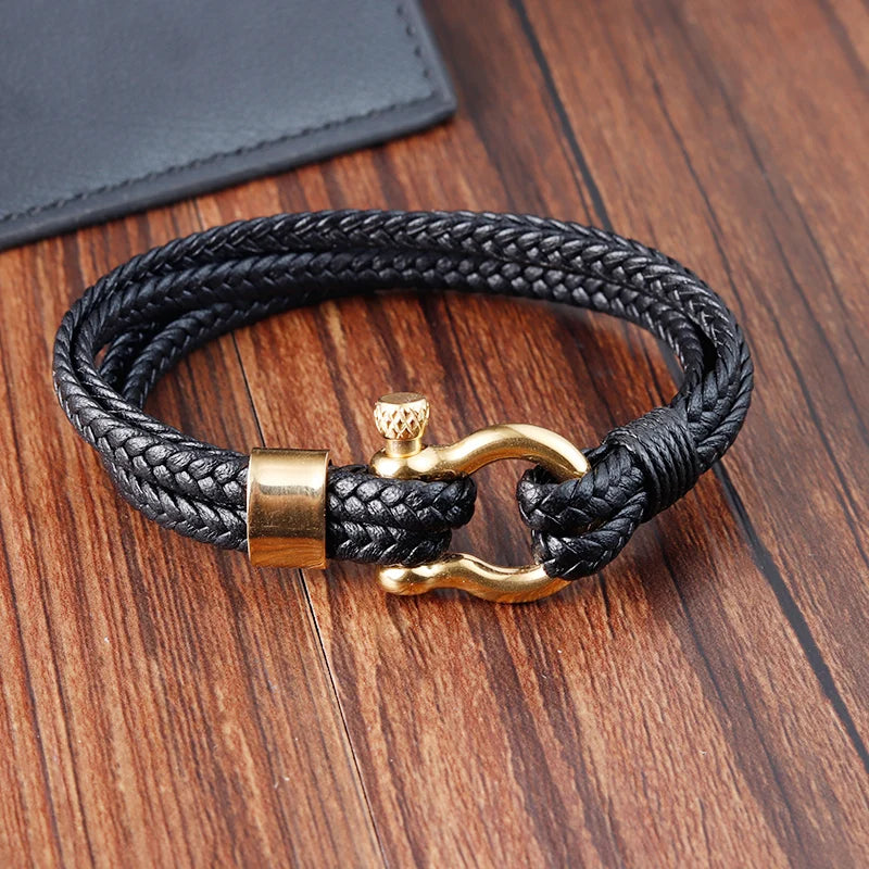 Factory Wholesale Multi-Layer Braided Cowhide Bangle Stainless Steel U-Shape Clasp Genuine Leather Bracelet for Men