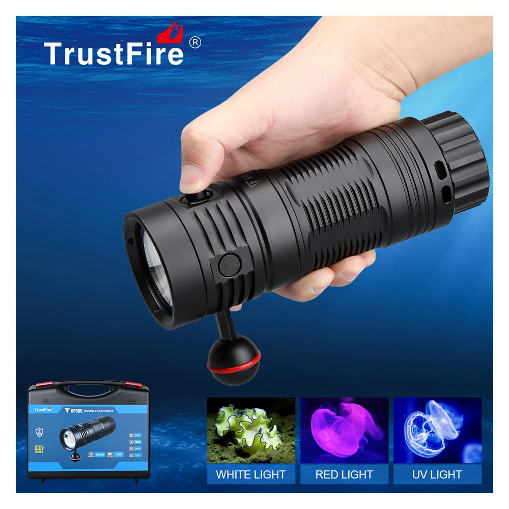 Super Bright Scuba Video Diving Flashlight TrustFre DF50S 6500LM UV Red Camera Photography Tri-Color Fill Flashlight for Summer