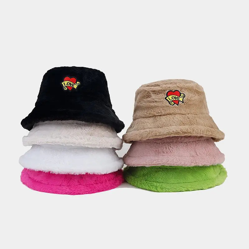 Autumn Winter Women's Bucket Hat Cute Heart Embroidery Fashion-Thicken Fluffy Wholesale Casual Daily Use for Adults
