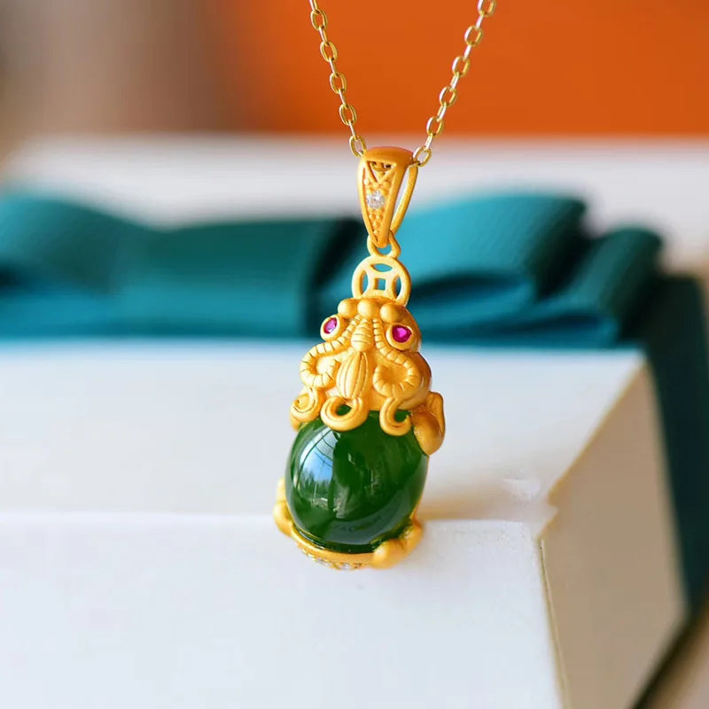 Vietnam Sand Gold Plated Jade Pixiu Pendant Necklace Wealth Green Chalcedony Feng Shui Pixiu Pendant Jade Necklace
