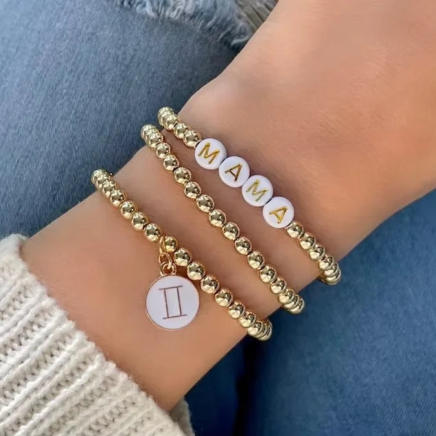 Hot Sell Custom Name Letter Acrylic Bead Charm Bracelet 18K Gold Plated Brass Mama Beaded Bracelet Set for Women Men