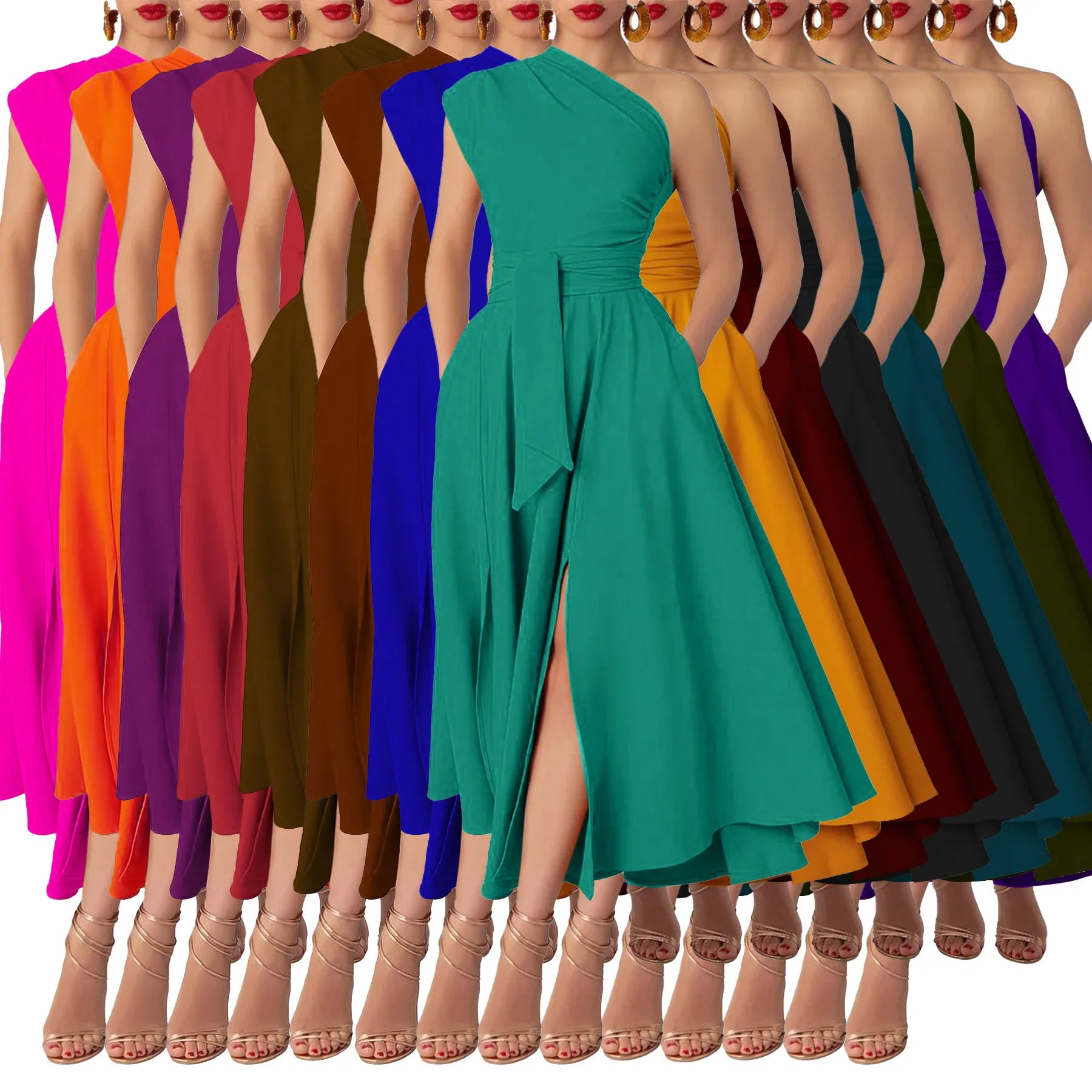 Spring Summer New Women Party Wear Sleeveless One Shoulder Midi Split Dress for Women High Waist Pleated Casual Dress