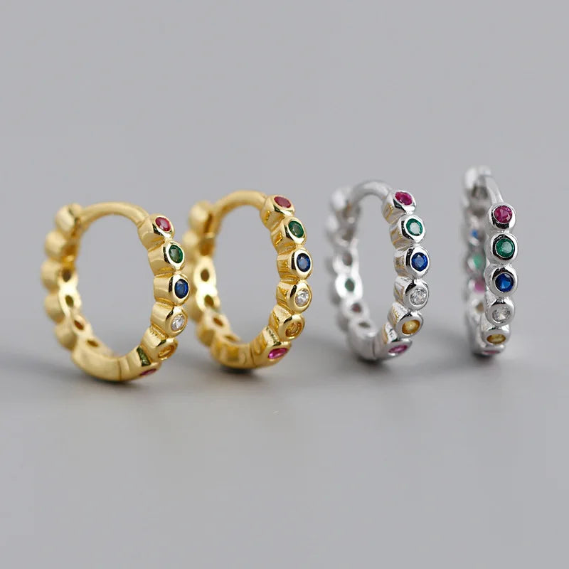 New Classic Bohemia Style 925 Sterling Silver Colorful Zircon Hoop Huggie Earrings for Women