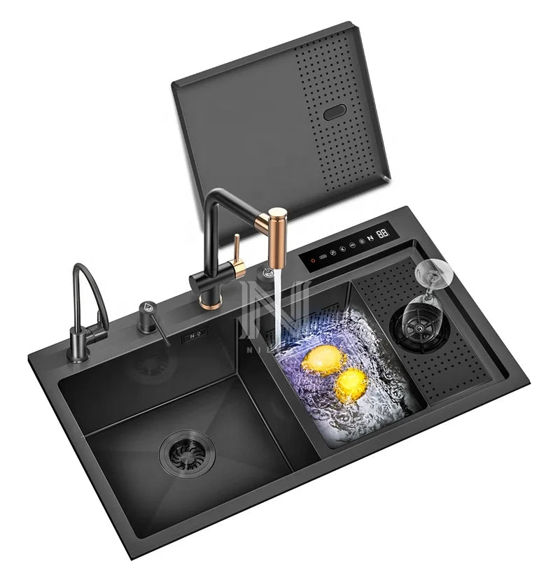 N8246XN1 Pull-out Faucet Dual Catalyst Purification Black Nano Stainless Steel Kitchen Smart Sink With Drainer & Flip Cover