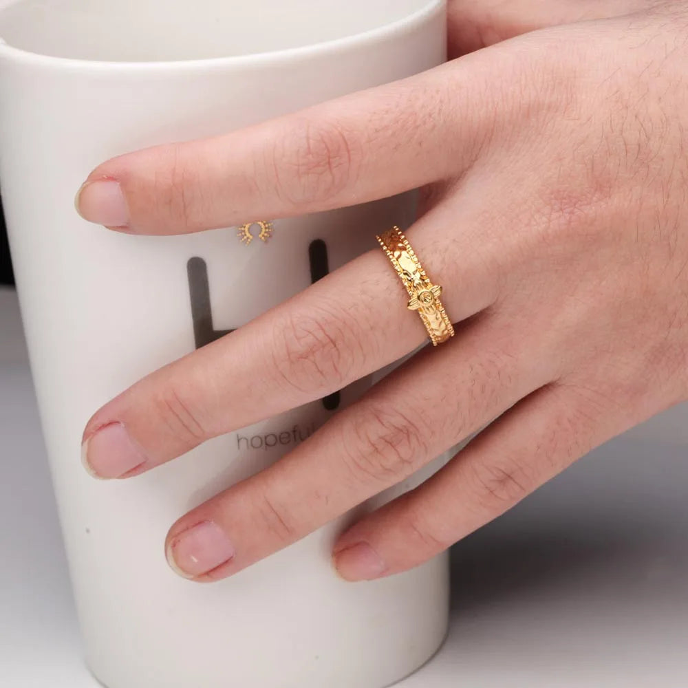 Punk Style Gold Plated Brass Cross Ring for Women Rock Textured Band Fashion Statement Jewelry Wholesale