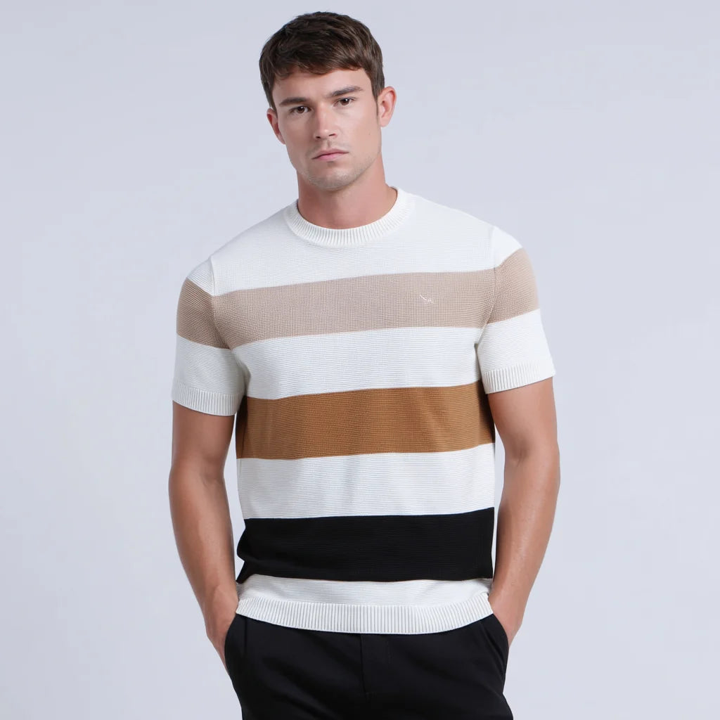 Men's Black and Beige Striped Sweater Viscose Polyester Blend Short Sleeve Crew Neck Pullover Jumper Wholesale