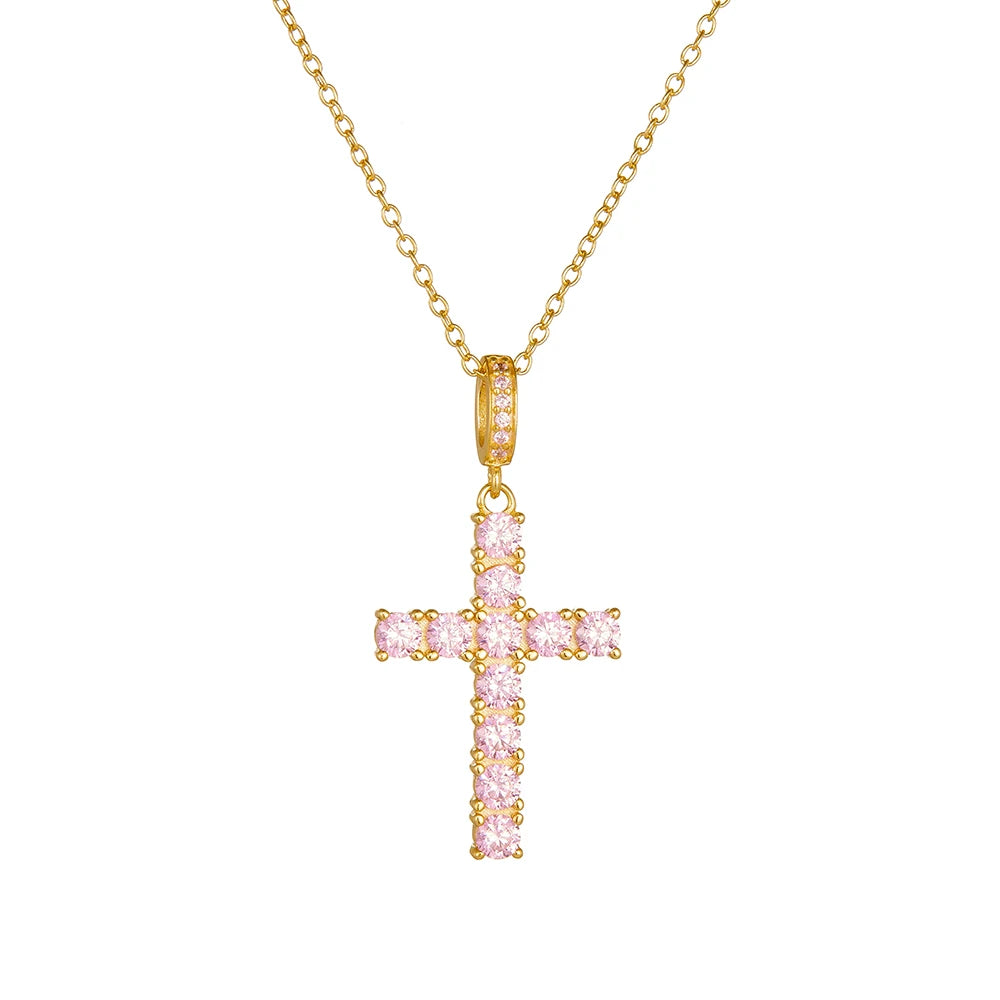 Original Design pink Luxury Hip Hop Cross Pendant Necklace Sterling Silver 925 Jewellery for Women