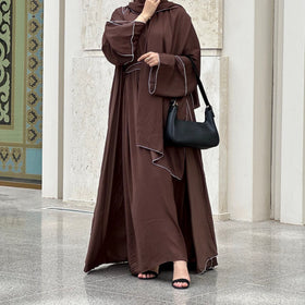 Loriya New Designs Wrinkle Satin Ladies Plain Abaya Dubai Style Abaya Women Muslim Dress 2pc Set Islamic Clothing