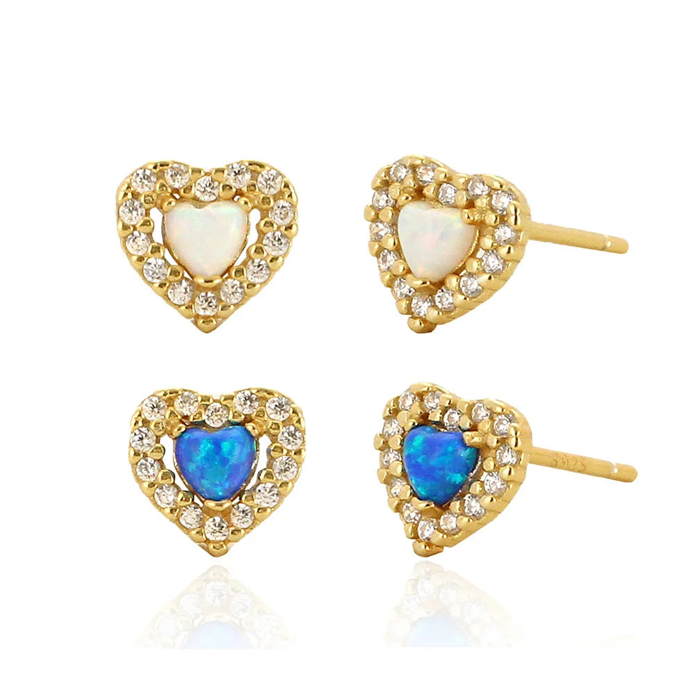 Wholesale Fashion Jewelry 925 Sterling Silver Heart Zircon Synthetic White Opal Gold Plated Stud Earring Jewelry for Women