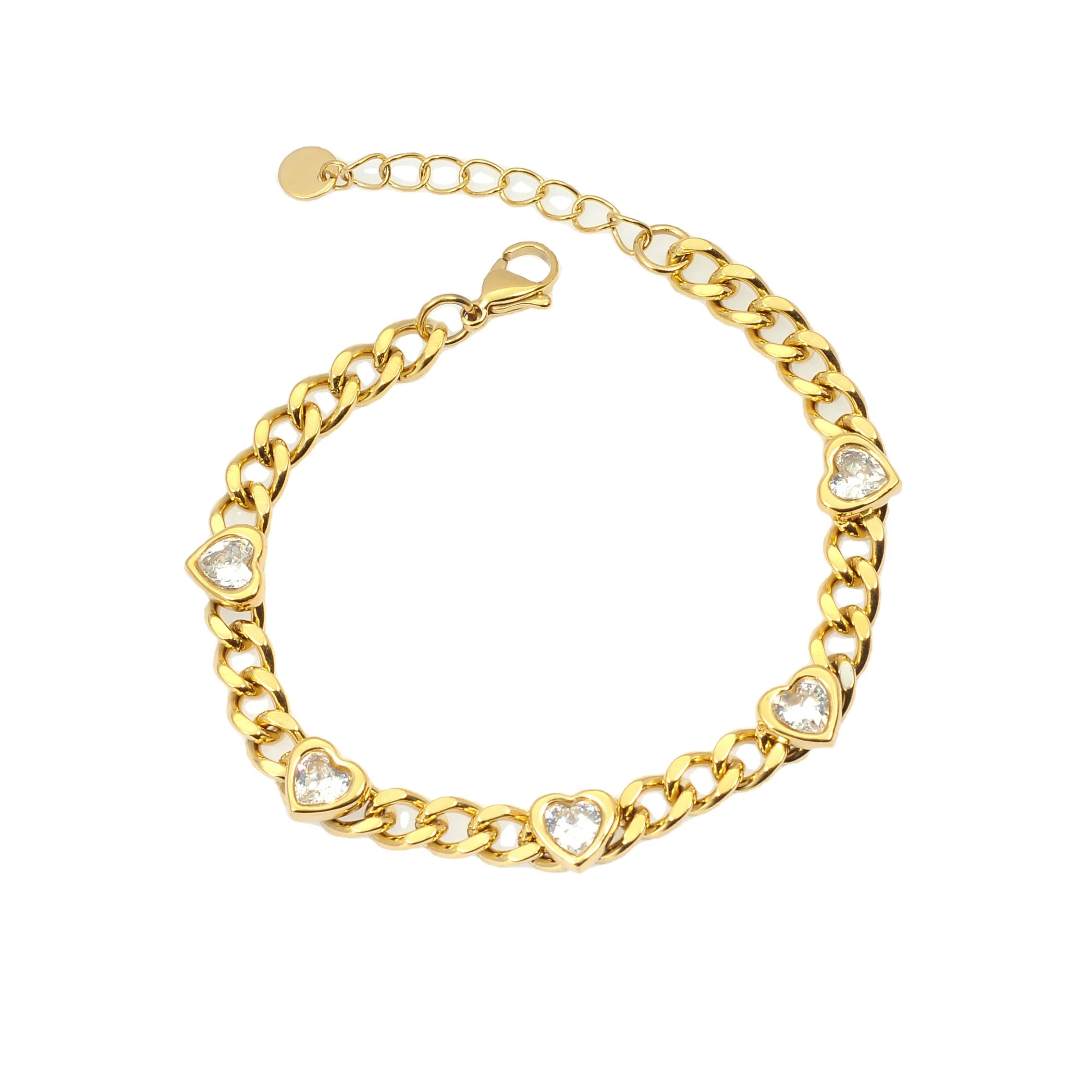 Women's Trendy Anniversary Jewelry Set Cuban Chain Pig Nose Bangle Flat Snake Stacking 18K Gold Plated Heart Zircon Stainless