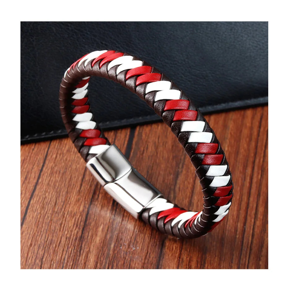 Fashion Braided Black Red Leather Bracelet Pvd Black Magnetic Clasp Jewelry Wrap Leather Bracelet & Bangle for Men