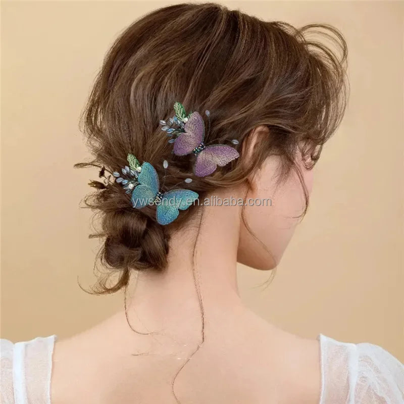 Korean Elegant New Embroidered Flying Butterfly Hairpin Floral Retro Fairy Accessories Girls Luxury Hair Clips Headdress