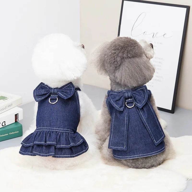 Dog Dress Clothes for Dogs Cats Fashion Denim Skirt T Shirt Pet Harness for Small Puppy Princess Costume Pet Clothes