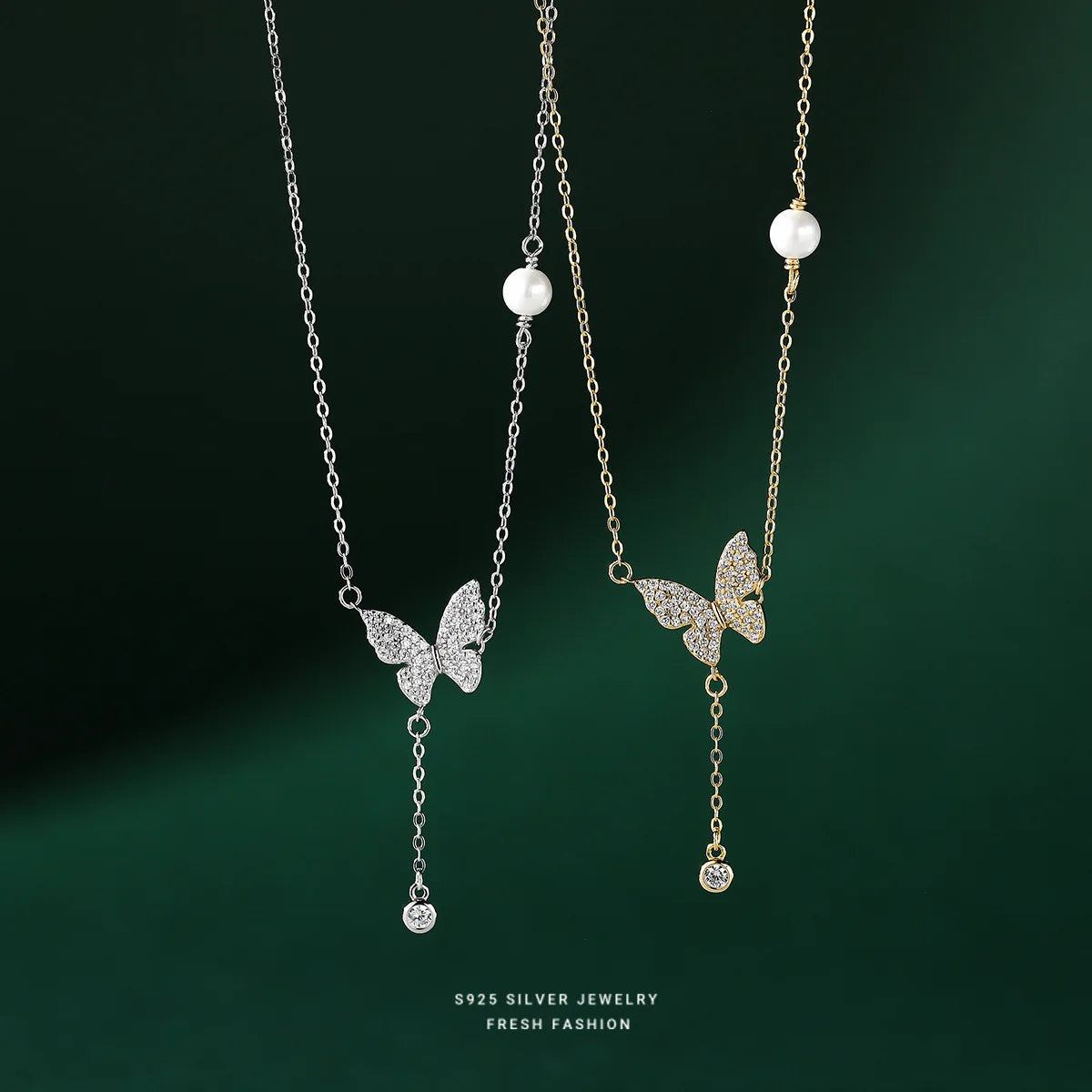 Elegant Design CZ Pearl Butterfly Pendant Necklace Luxury French Retro Style Butterfly S925 Sterling Silver Necklace Jewelry