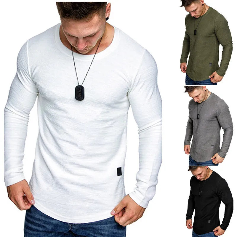 Plus Size Style Men's Long Sleeve Shirts Solid Color O Neck T-shirt Splicing Personality Hem Long Sleeve T-shirt