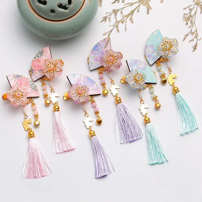 Handmade Sweet Children's Hair Clip Hanfu Headdress Fan Flower Daily Life Beaded Tassel Alloy Resin Hair Accessories