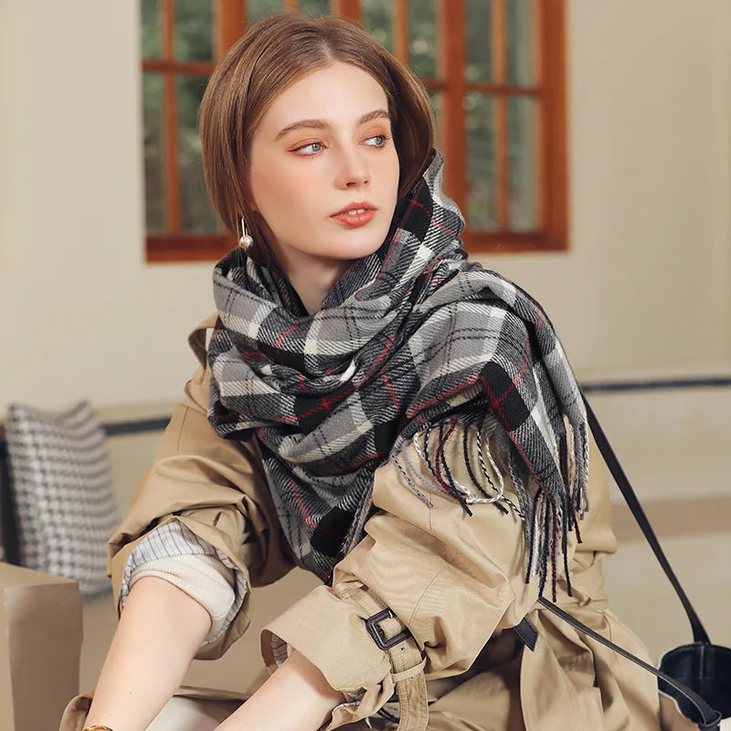 2023 Luxury Plaid Scarf for Women Long Pashmina Foulard Shawl Tassels Winter Warm Cashmere Inspired Polyester Wrap for Ladies