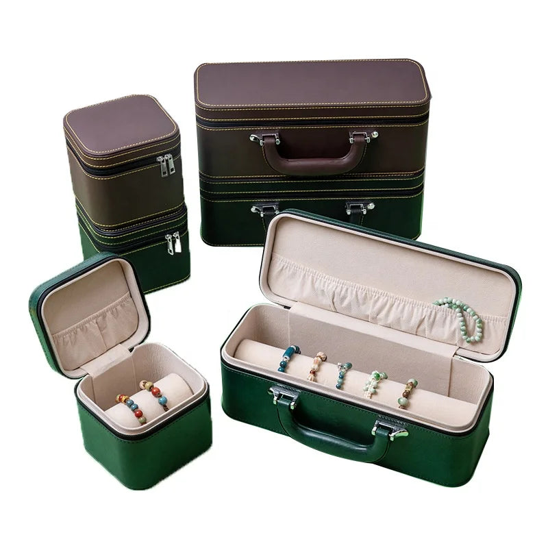Vintage PU Leather Bracelet Storage Organizer Box Dark Green Dark Brown Black Velvet Bangle Zipper Jewelry Display Case