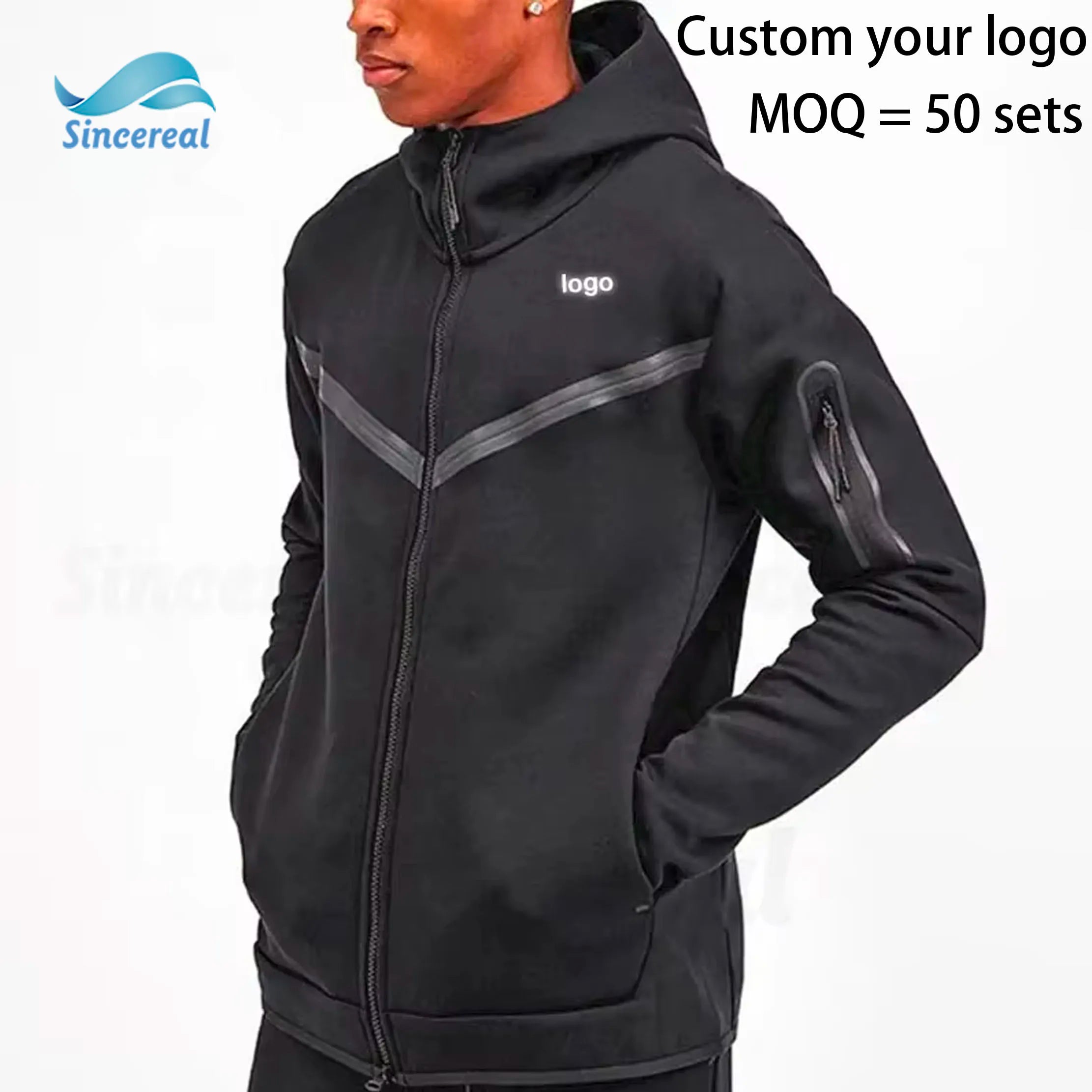 Custom Logo Sportswear Full Zip up Hoodies Polyester Tech Fleece Men Two Pieces Set Sportswear Jogger Sweatsuits Mens Tracksuit