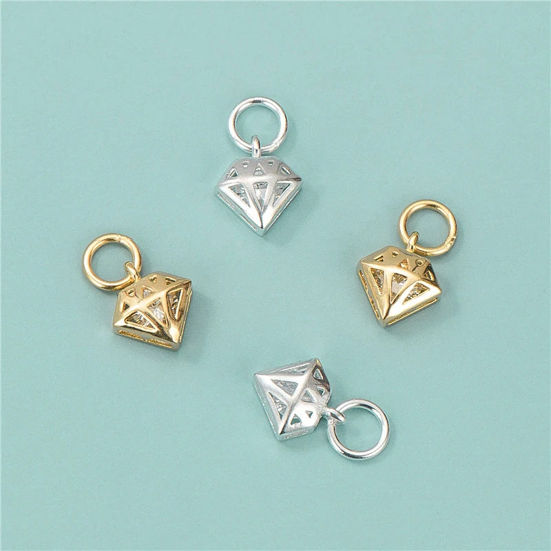 7.5mm Mini 925 Sterling Silver Hollowed Diamond Beads Gold Plated Designer Rhombus Charms Pendants for Jewelry Making
