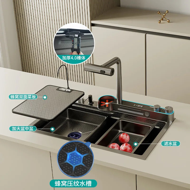 Rectangular Nano Bionic Honeycomb Large Single Sink Digital Display One Piece Waterfall Kitchen Sink With Cupwasher
