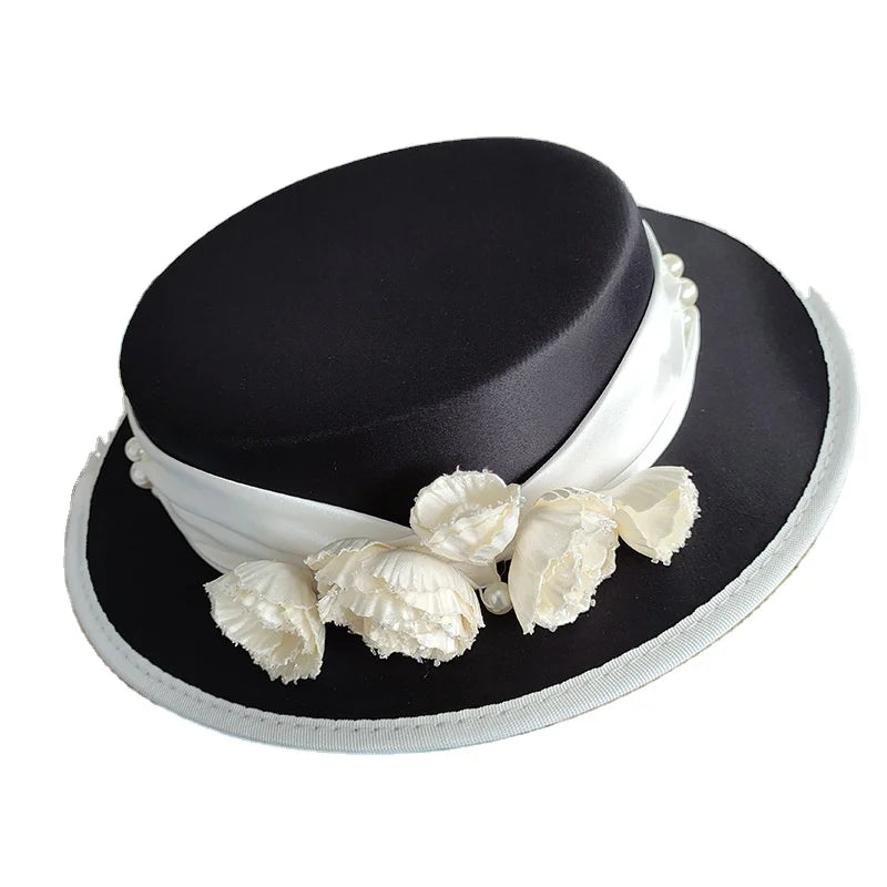 New Retro woman Women Black Flat Top UV protection Floral Church Sun Hat Kentucky Derby Ladies Wedding Hat for Bride