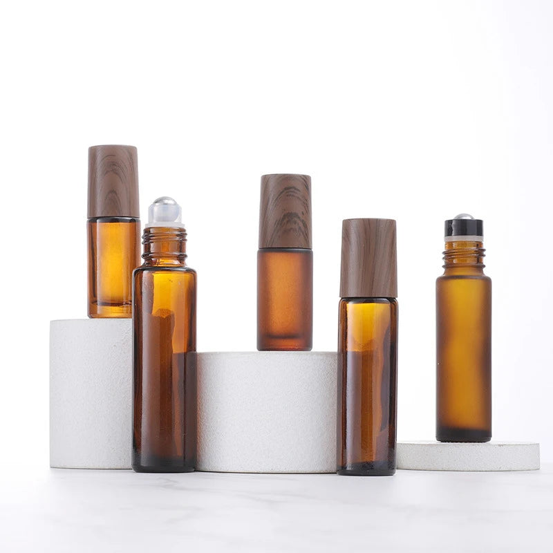 Essential Oils Perfumes Roll Bottle 5ml 10ml 15ml Portable Clear Frosted Amber Glass Wood-Look Lid Steel Roller Screw Cap