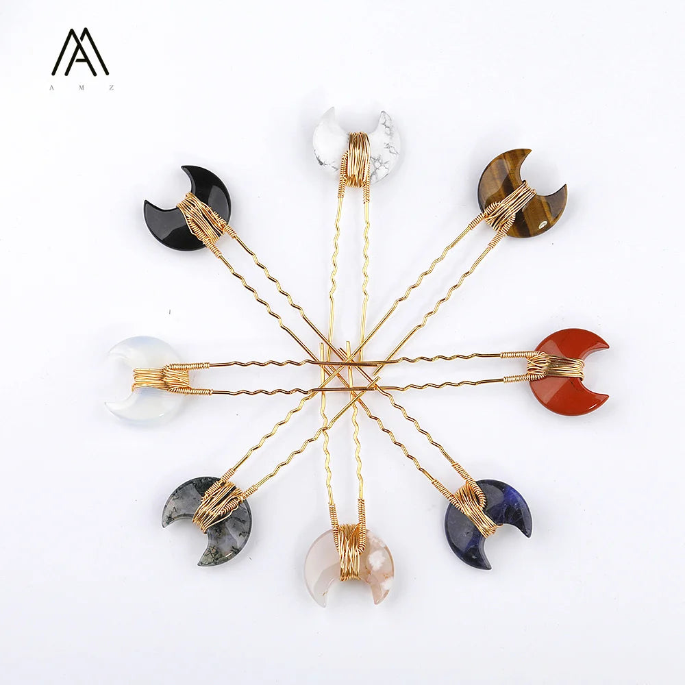 Moon Gemstone Hair Pins Wire Wrapped Gold Metal Bobby Clips  Wedding Jewelry Hair Accessory