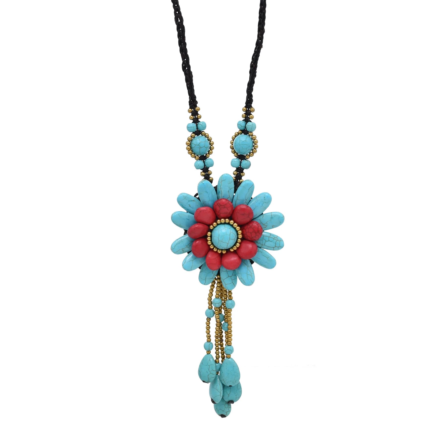 Tibetan Turquoise Flower Pendant Necklace Cute Reconstructed Red Floral Wonder Dangle Necklace