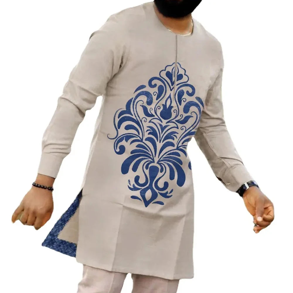 New Fashion Men's Long Sleeve Robe Tops O-neck Printed Ethnic Casual Medium Shirt for African Middle Eastern Youth Twill Spring
