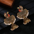 Peacock Indian Jhumka Earrings for Women Bohemian Retro Gold Color Bell Pearl Beads Hollow Tibetan Earrings