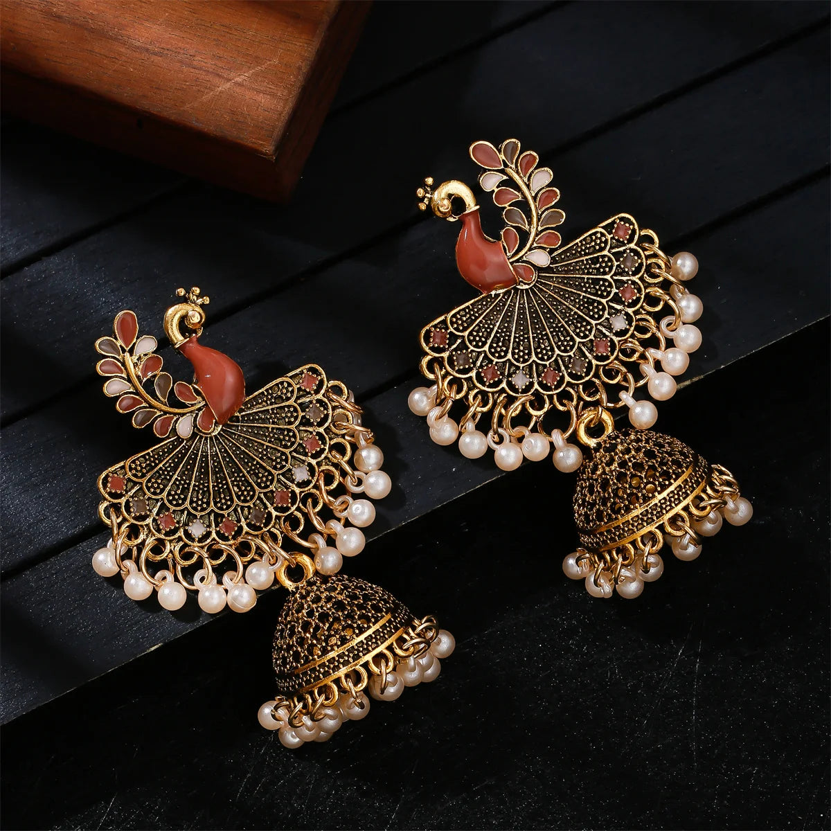 Peacock Indian Jhumka Earrings for Women Bohemian Retro Gold Color Bell Pearl Beads Hollow Tibetan Earrings