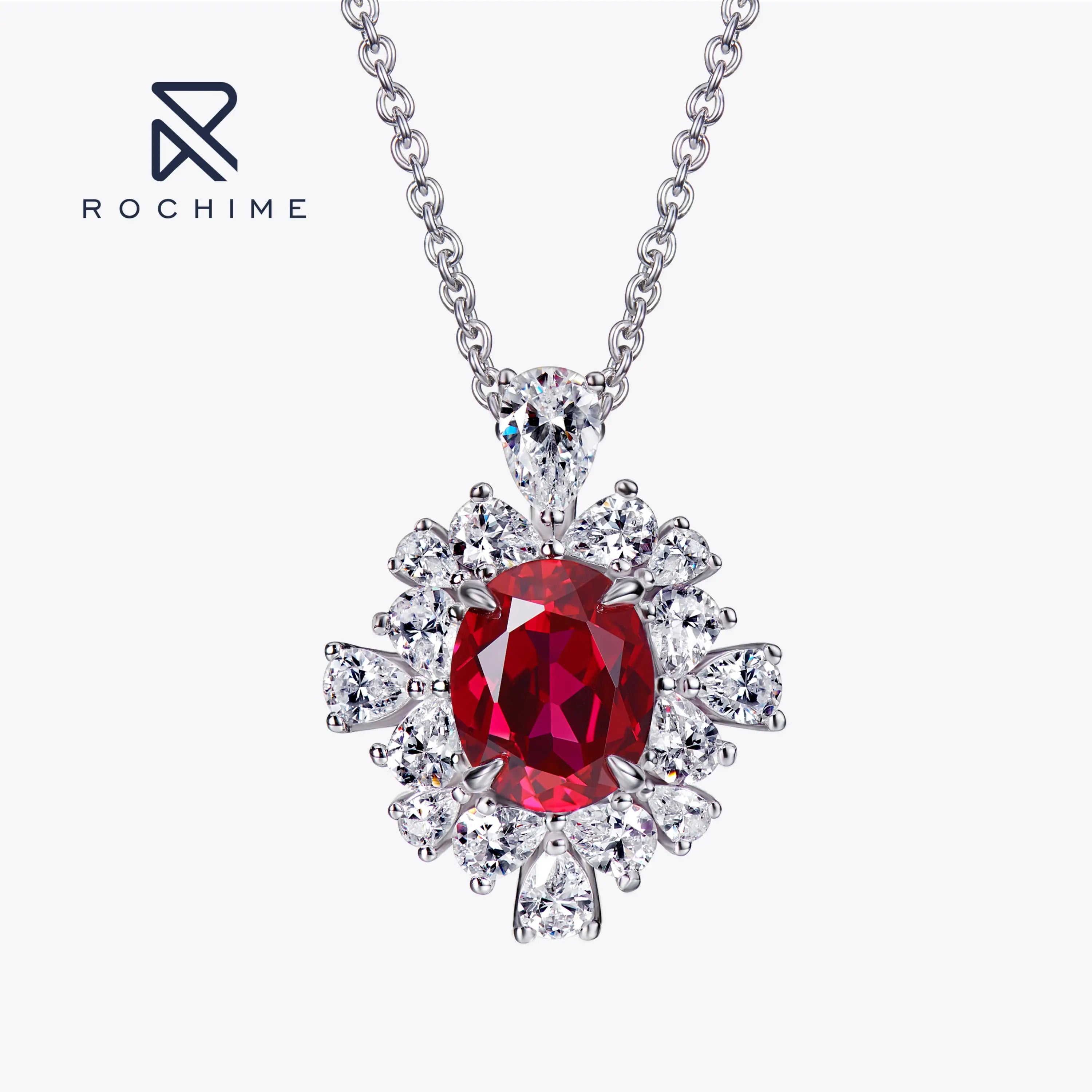 Rochime Luxury Flower Cluster Synthetic Ruby Pendant Necklace  925 Sterling Silver  Fine Jewelry for Women