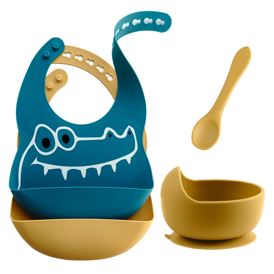 TONGTU Food Grade Silicone Baby Dinner Set BPA Free Cartoon Bib Bowl Spoon with Custom Logo for Kids Feeding