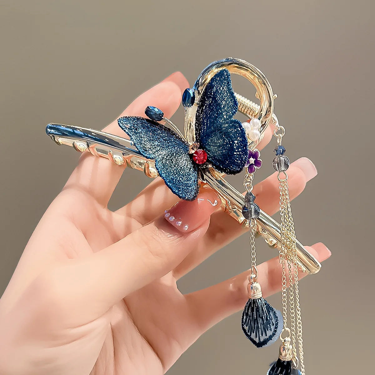 Blue Embroidery Butterfly Hair Clip Claw Hair Accessories Jaw Women Pearl Tassel Crystal Drop Big Large Metal Hair Claw Clip