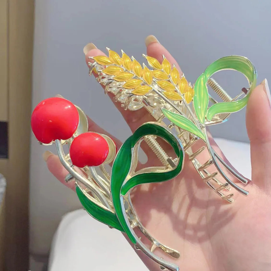 Metal Wheat Ear Shape Large Hair Claw Clip Korean Women's New Headwear Accessories Shark Clip Enamel Flower Tulip French Elegant