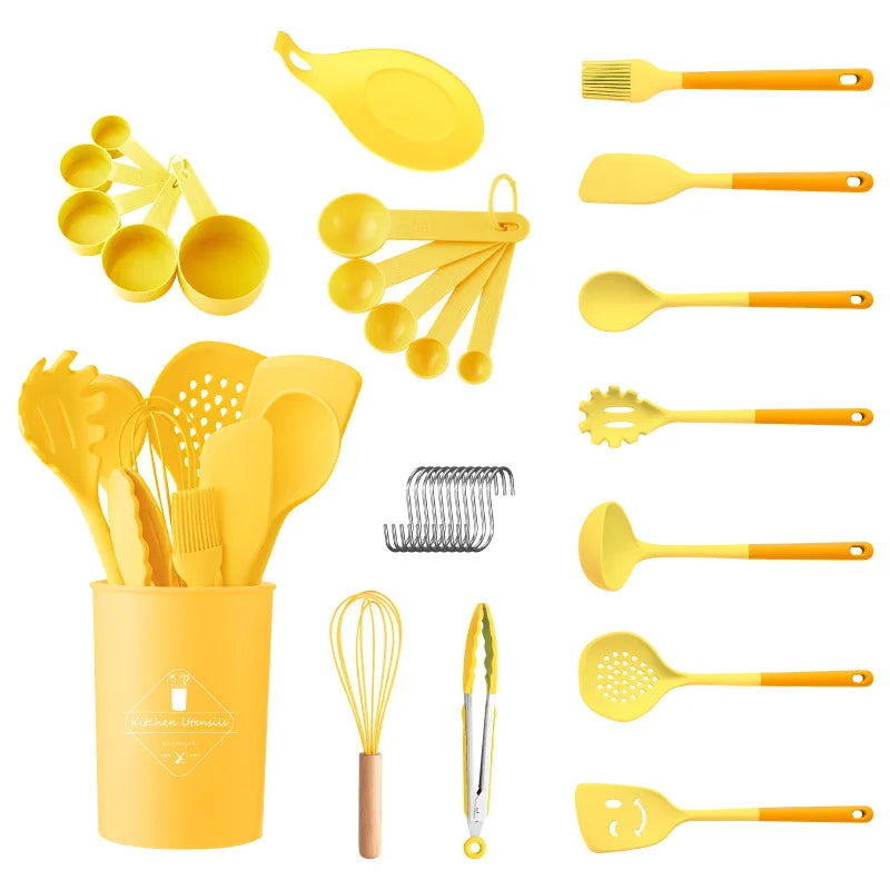 MANJIA Silicone Non Stick Kitchen Utensils Baking Measuring Spoons Silicone Spatula Yellow Non Stick Spatula Set