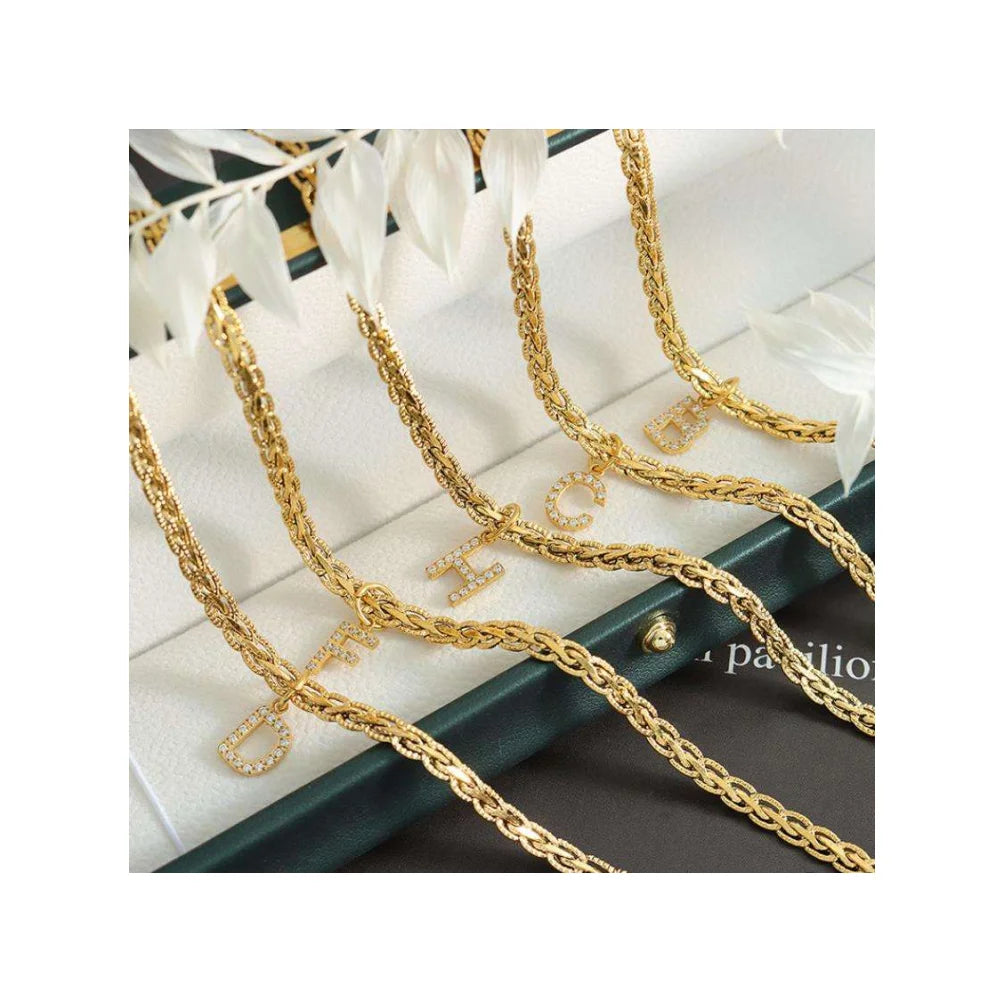 Clavicular Chain 18K Gold Plated Pendant Fine Jewelry Braided Chain Letter A-Z Stainless Steel CZ Necklace for Women Hiphop