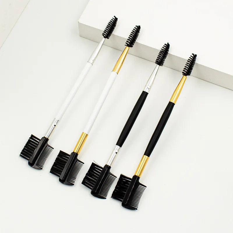 Custom Logo Double Synthetic Hair Eyebrow Comb Edge Control Brush Eyelash Spoolie Wand with Wood Handle for Makeup