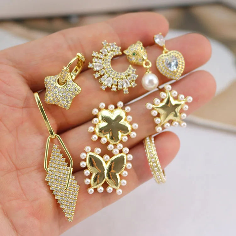EC1952  Chic 18K Gold Plated Pearl Around Flower Floral Star Stud Earrings Pearl Diamond Drop Leopard Earring