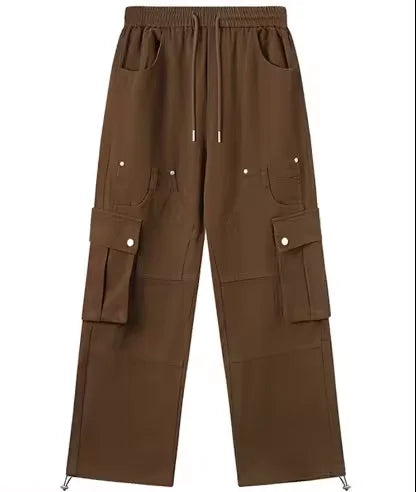 Mens Casual Cotton Side Button Trousers Cargo Wide Leg Pants for Men High Quality