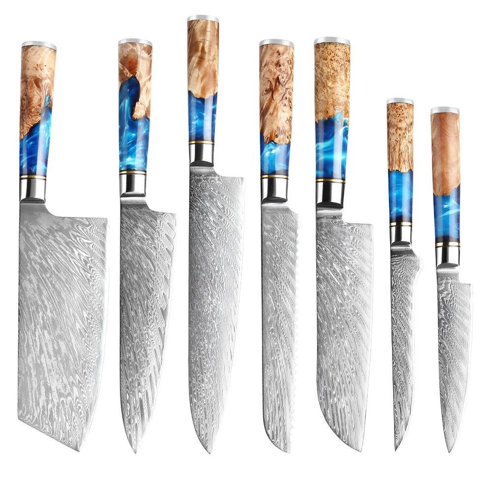 Hot Sale Cooking Tool Chef Knife Sets Blue Resin Handle VG10 Damascus Steel Kitchen Knife Set