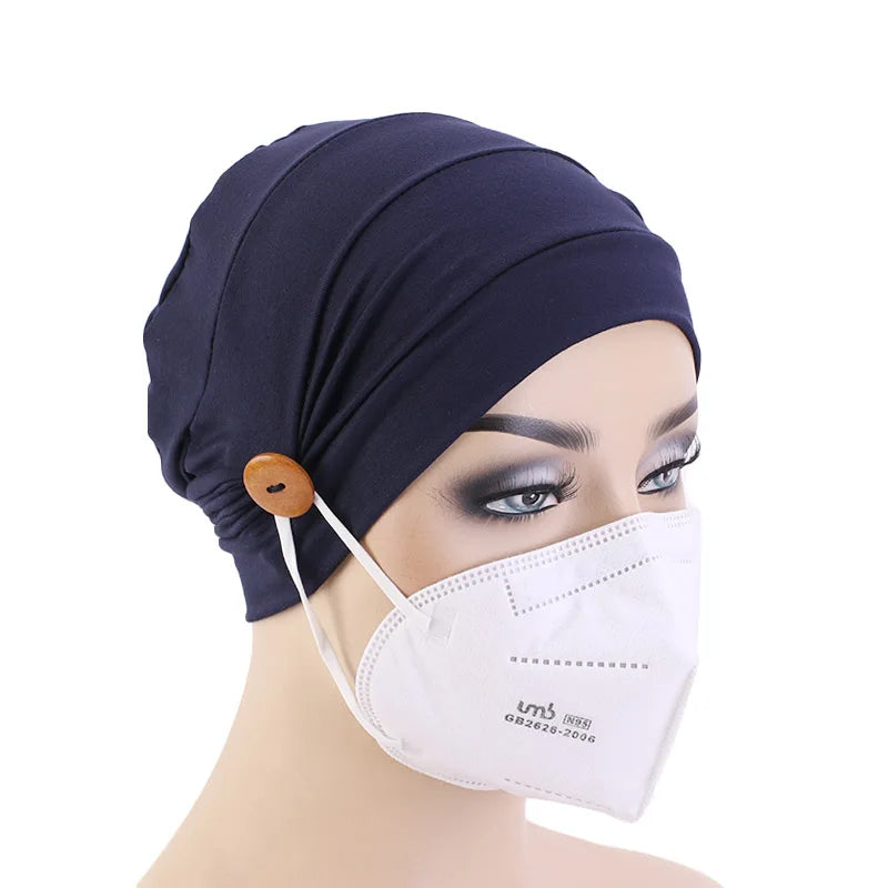 Wholesale New Design Women Button Turban Hair Bonnet Chemotherapy Hat Buckle Head Cover Can Add Facepiece TJM-241-1B