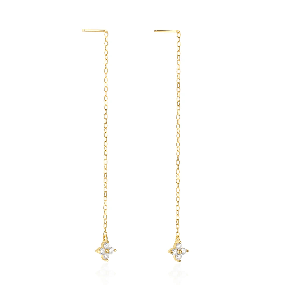 Fashion 925 Sterling Silver Tassel Chain Flower Small Zircon Gold Plated Stud Earring Jewelry for Women